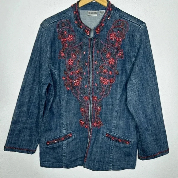 Chico’s beaded jean jacket size 2 in medium blue wash - Picture 1 of 4